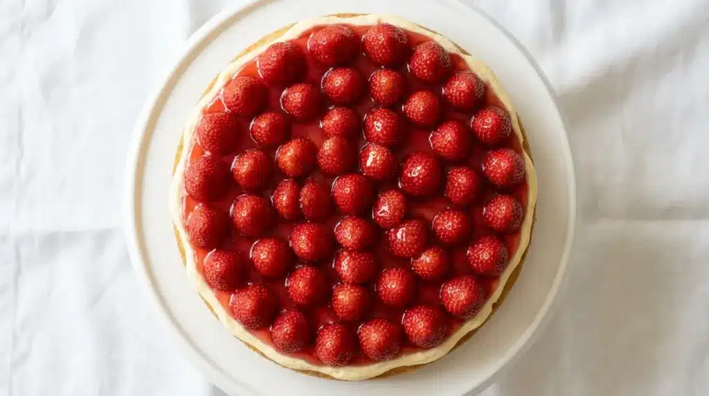Klassischer Erdbeerkuchen mit Tortenguss und frischen Erdbeeren auf einer weißen Tortenplatte
