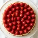 Klassischer Erdbeerkuchen mit Tortenguss und frischen Erdbeeren auf einer weißen Tortenplatte