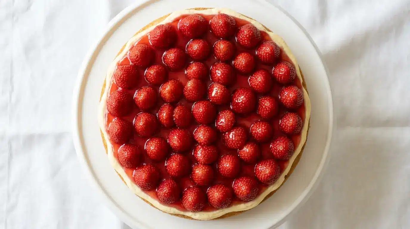 Klassischer Erdbeerkuchen mit Tortenguss und frischen Erdbeeren auf einer weißen Tortenplatte