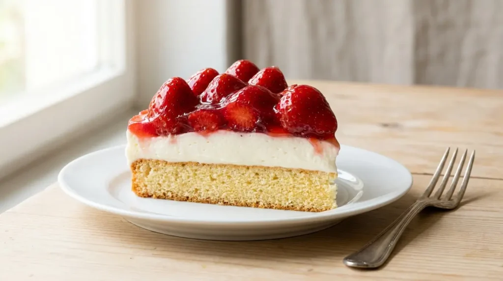 Angeschnittenes Stück Erdbeerkuchen zeigt den Biskuitboden, die Vanillecreme und den Erdbeeren-Tortenguss