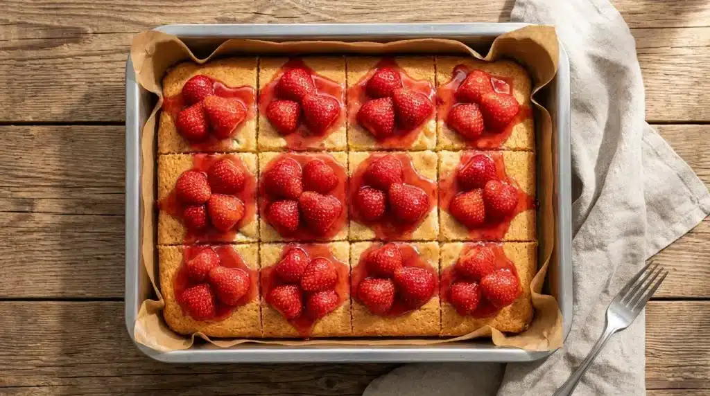 Erdbeerkuchen vom Blech in Stücke geschnitten mit frischen Erdbeeren und Tortenguss, Draufsicht