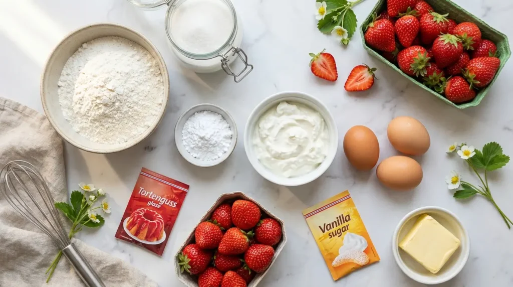 Zutaten für Erdbeerkuchen: Erdbeeren, Eier, Mehl, Quark, Zucker und Tortenguss auf Marmoruntergrund