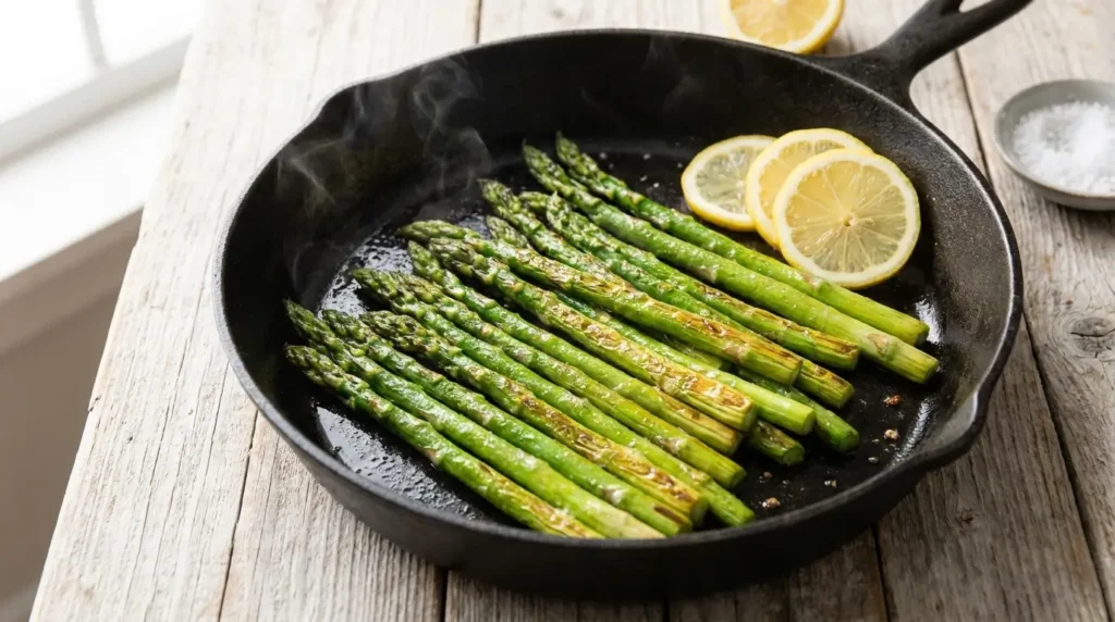 Grüner Spargel in der Pfanne angebraten mit Zitrone — kalorienarmes Rezept zum Abnehmen