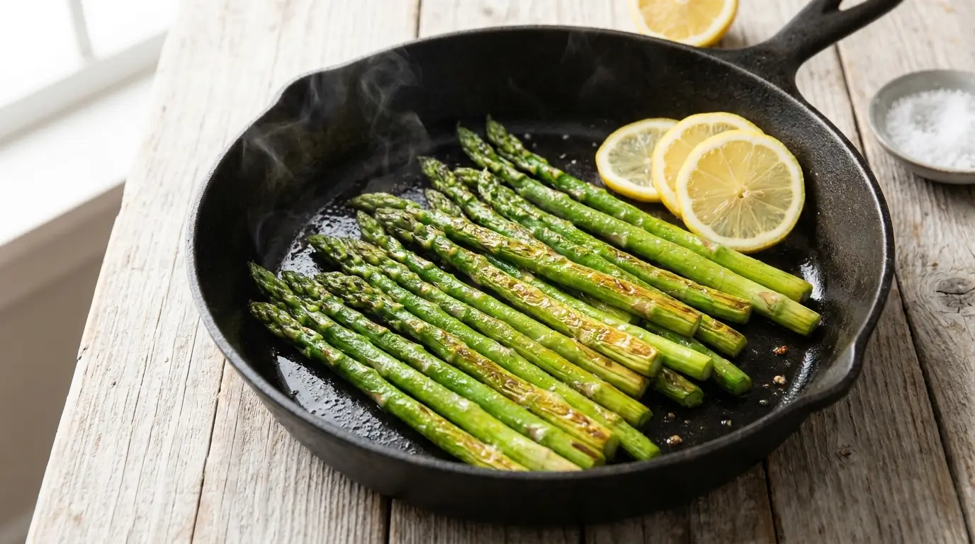 Grüner Spargel in der Pfanne angebraten mit Zitrone — kalorienarmes Rezept zum Abnehmen