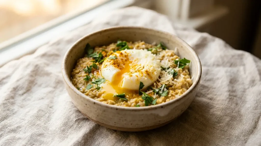 Herzhafter bariatrischer Hafer mit Ei, Parmesan und Kurkuma in einer kleinen Schüssel