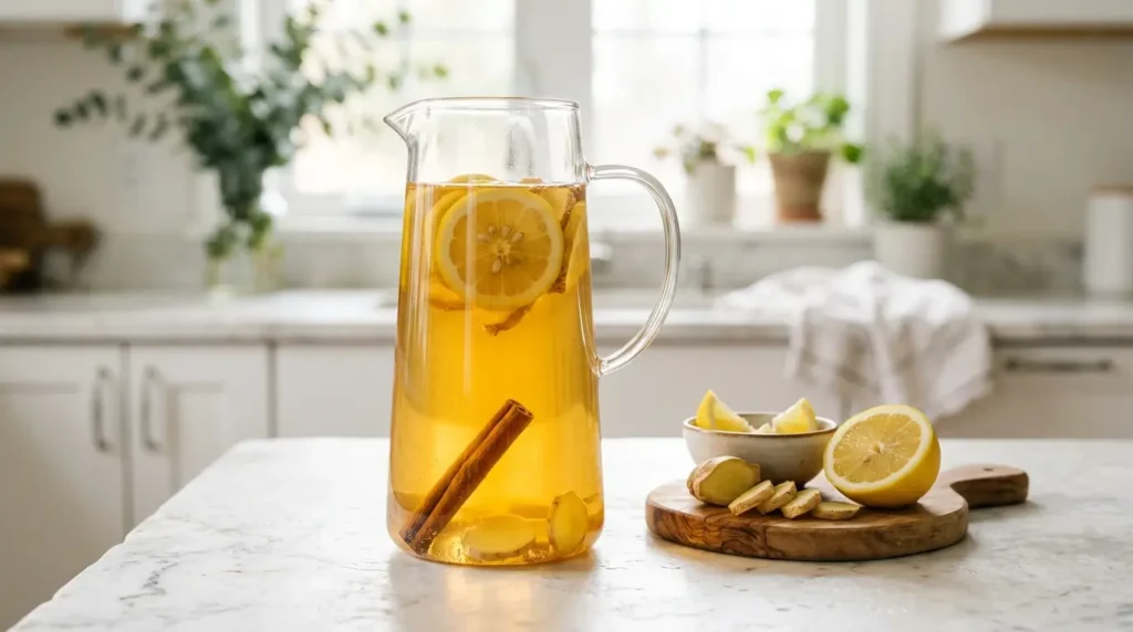 Ingwer-Zimt-Infused Water mit Zitrone in einer Glaskanne – natürliches Detox-Wasser