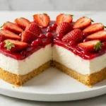Käsesahnetorte ohne Gelatine angeschnitten auf weißem Teller mit frischen Erdbeeren