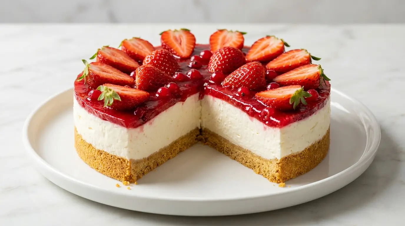 Käsesahnetorte ohne Gelatine angeschnitten auf weißem Teller mit frischen Erdbeeren