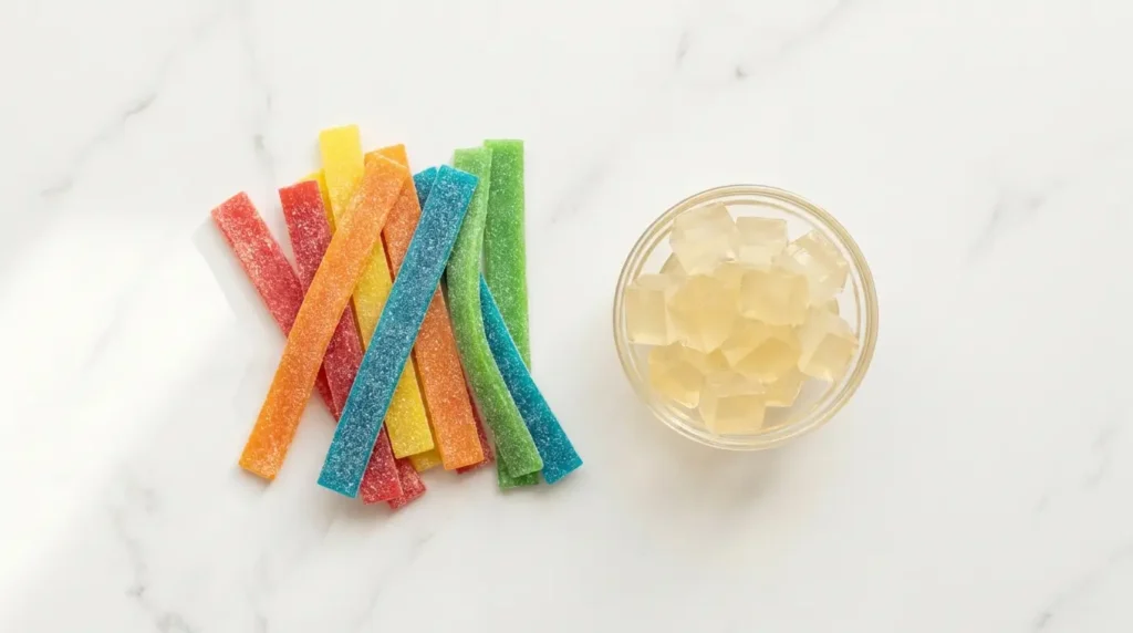 Bunte Kaubonbons ähnlich wie Maoam Stripes neben einer Schüssel mit Gelatinewürfeln auf weißem Marmor
