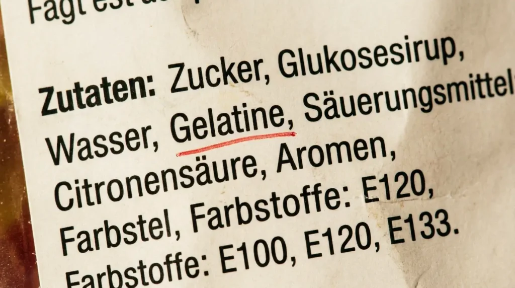 Nahaufnahme einer Zutatenliste auf einer Süßigkeiten-Verpackung, das Wort Gelatine ist mit rotem Stift markiert