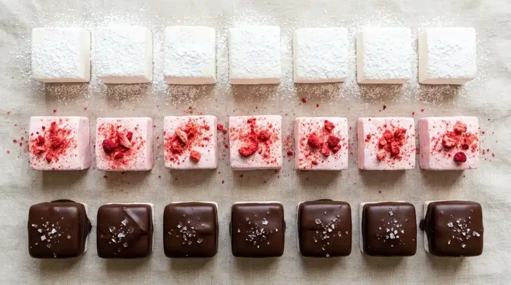 Drei Variationen veganer Marshmallows ohne Gelatine: klassisch weiß, rosa Erdbeer und mit Schokolade überzogen