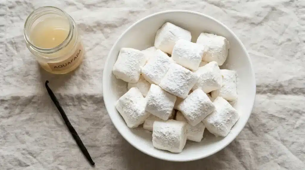 Vegane Marshmallows ohne Gelatine in einer weißen Schüssel, mit Puderzucker bestäubt