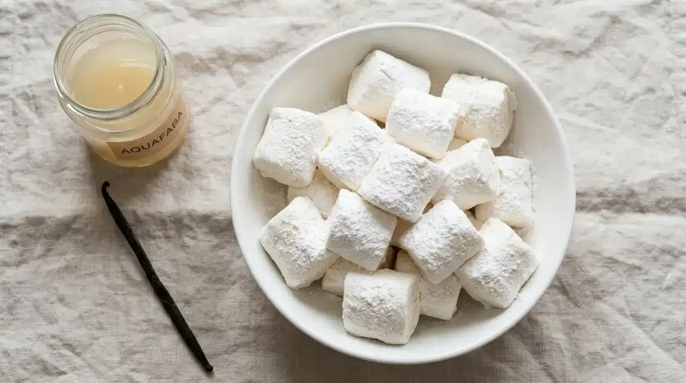 Vegane Marshmallows ohne Gelatine in einer weißen Schüssel, mit Puderzucker bestäubt
