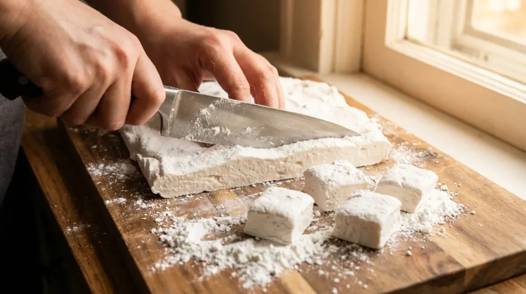 Vegane Marshmallows ohne Gelatine werden mit einem bestäubten Messer in Würfel geschnitten und in Puderzucker gewendet