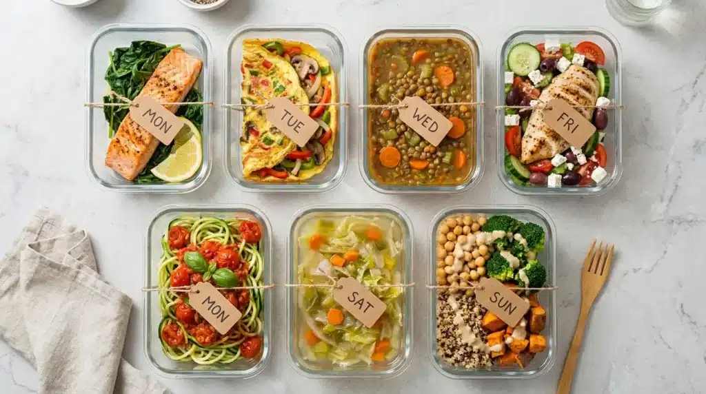 Meal Prep für 7 Tage gesundes Abendessen zum Abnehmen in Glasbehältern vorbereitet