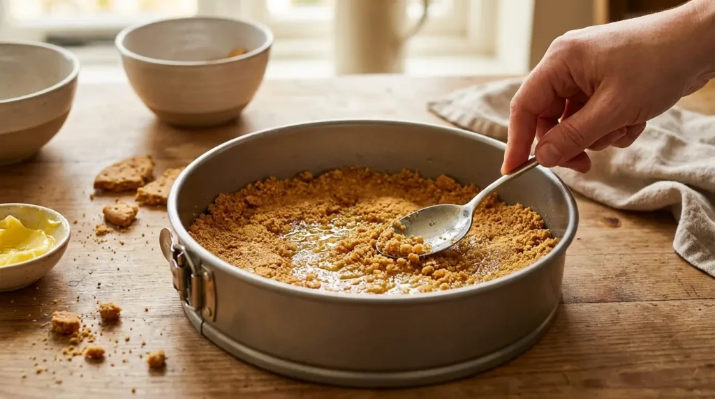 Butterkeks-Boden für No-Bake Cheesecake in Springform drücken – Schritt-für-Schritt