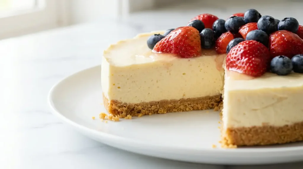 No-Bake Cheesecake ohne Gelatine mit frischen Erdbeeren und Heidelbeeren auf weißem Teller