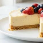 No-Bake Cheesecake ohne Gelatine mit frischen Erdbeeren und Heidelbeeren auf weißem Teller