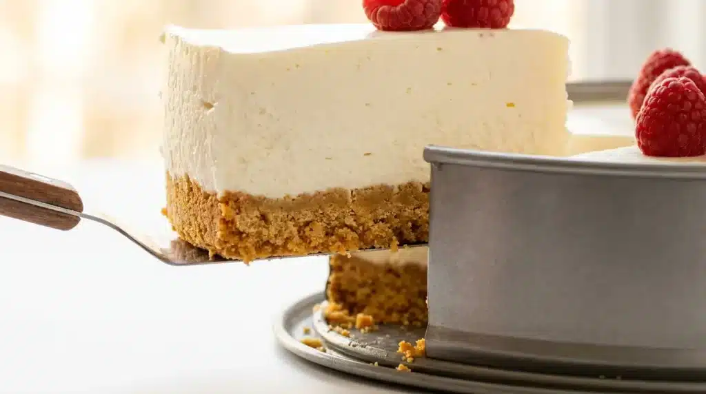 Aufgeschnittener No-Bake Cheesecake ohne Gelatine – feste Schichten mit Keksboden sichtbar
