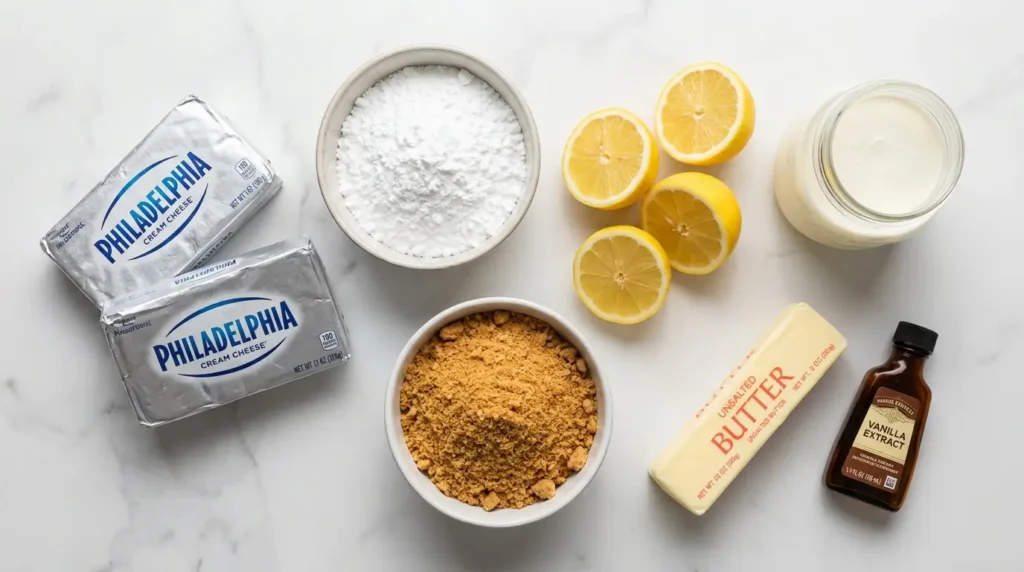 Zutaten für No-Bake Cheesecake ohne Gelatine – Frischkäse, Puderzucker, Zitrone, Sahne und Butterkekse