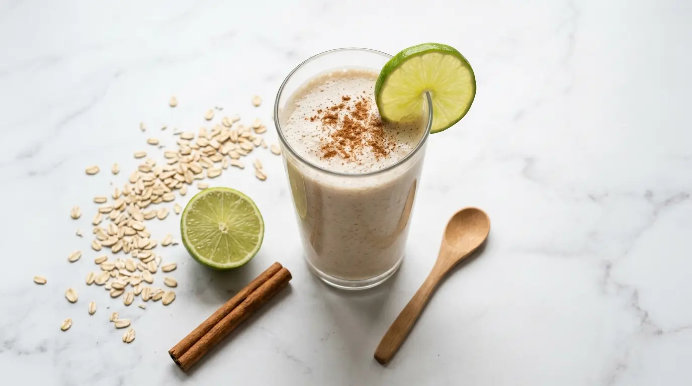 Oatzempic Rezept – cremiger Haferdrink mit Limette und Zimt auf Marmor