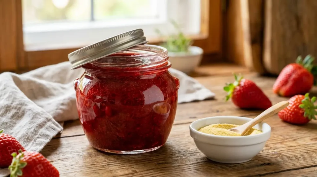 Erdbeermarmelade im Glas mit Pektinpulver daneben
