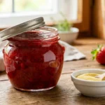 Erdbeermarmelade im Glas mit Pektinpulver daneben