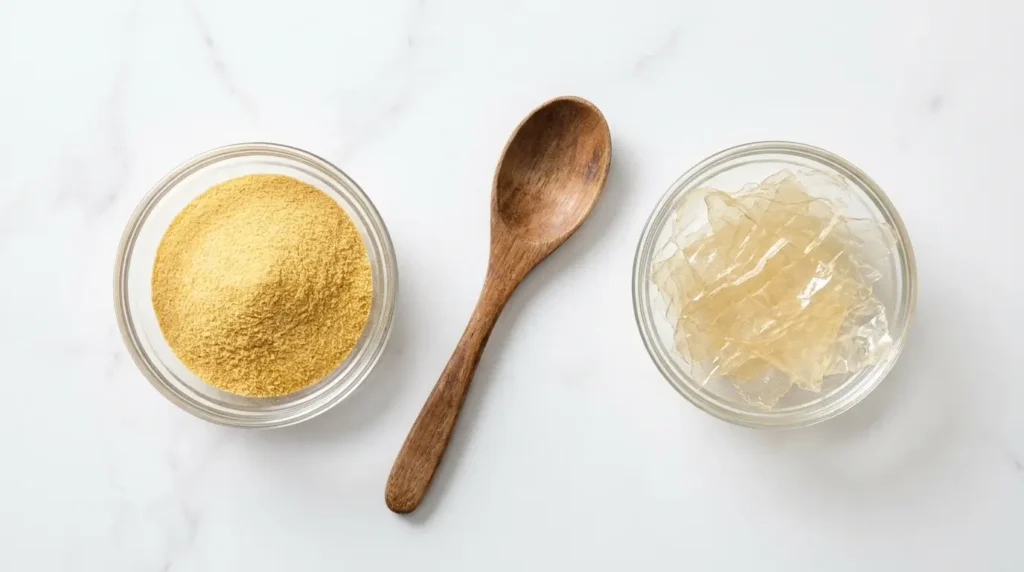 Pektin Pulver und Blattgelatine nebeneinander im Vergleich