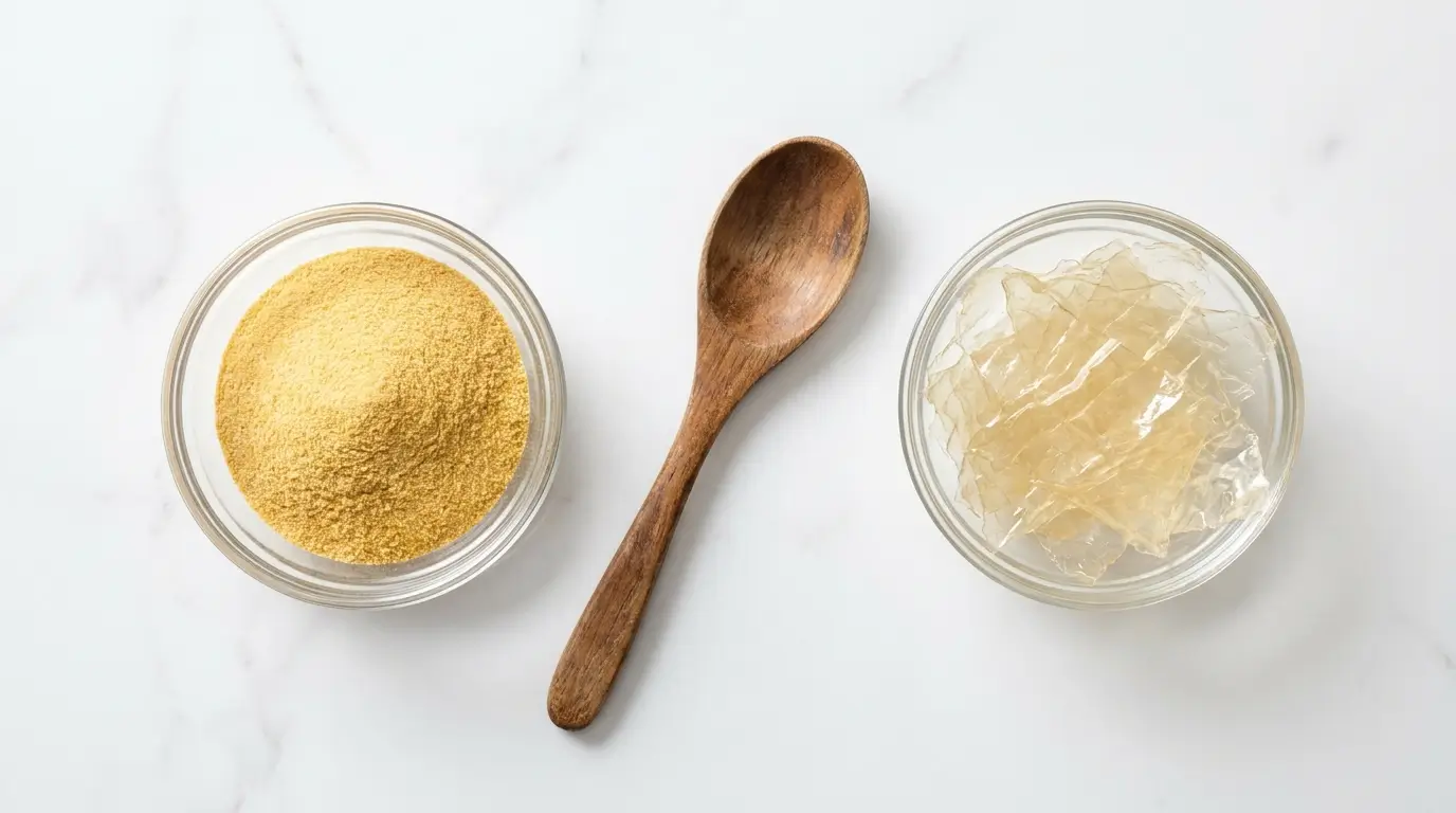 Pektin Pulver und Blattgelatine nebeneinander im Vergleich