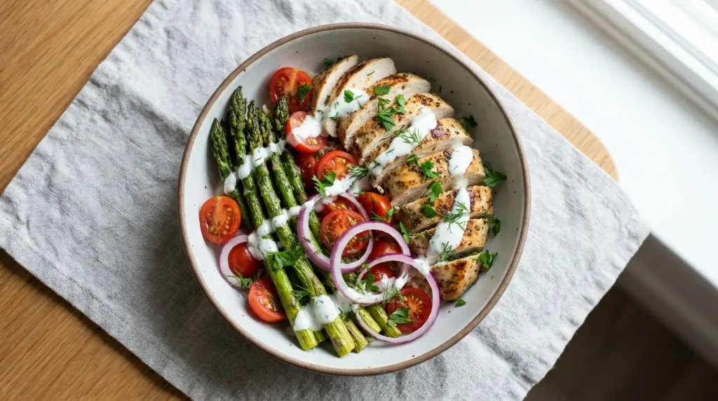 Spargel-Hähnchen-Bowl als Meal Prep zum Abnehmen — 310 kcal, 42 g Protein pro Portion