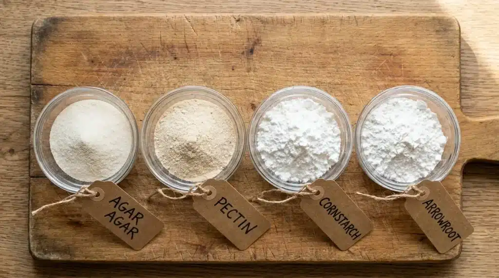 Vergleich von Agar-Agar, Pektin, Maisstärke und Pfeilwurzelmehl als Gelatine-Alternativen