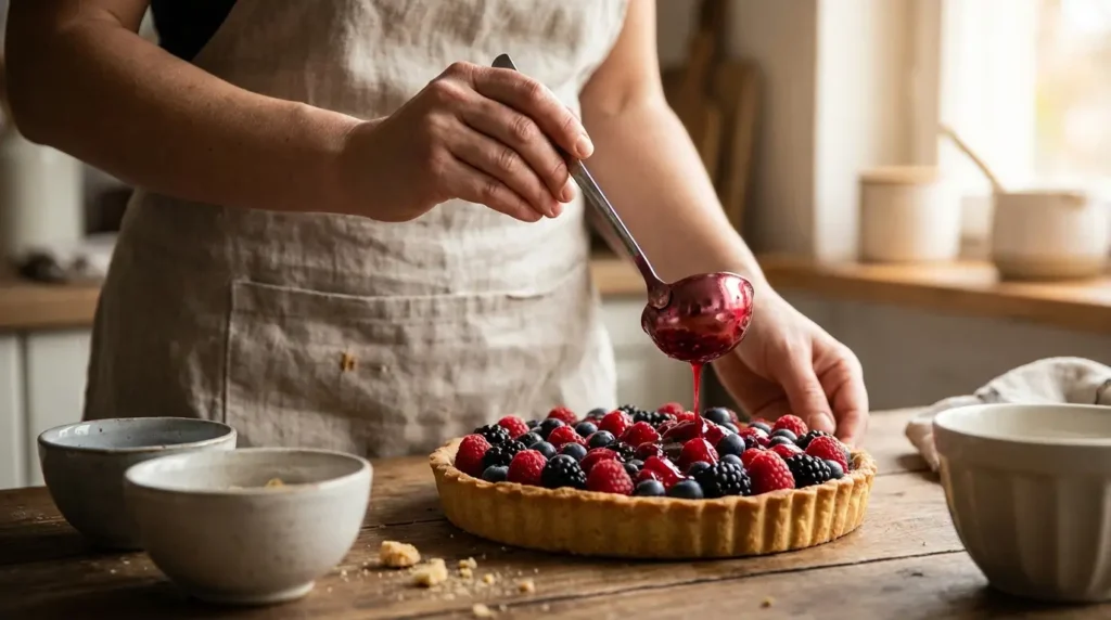 Tortenguss gleichmäßig über eine Beerentorte gießen mit einer Kelle