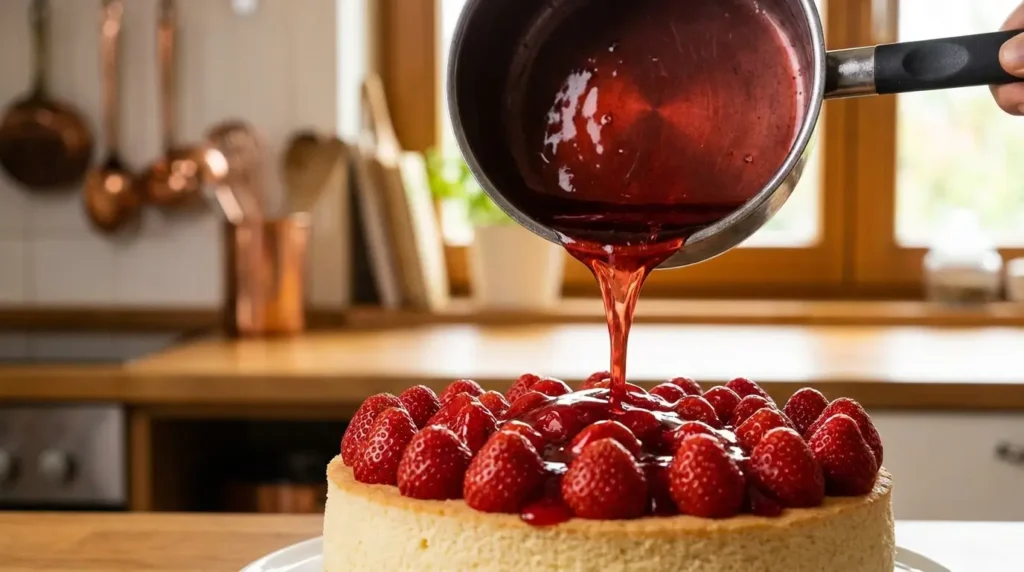 Roter Tortenguss wird über frische Erdbeeren auf einem Erdbeerkuchen gegossen