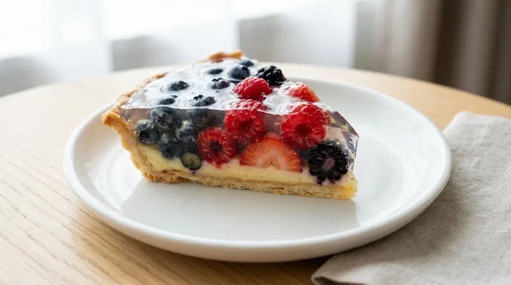Angeschnittene Obsttorte mit festem, klarem Tortenguss ohne Gelatine