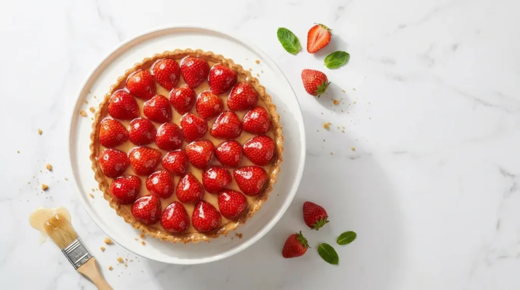 Erdbeertorte mit klarem Tortenguss ohne Gelatine auf weißem Kuchenständer
