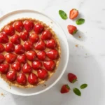 Erdbeertorte mit klarem Tortenguss ohne Gelatine auf weißem Kuchenständer