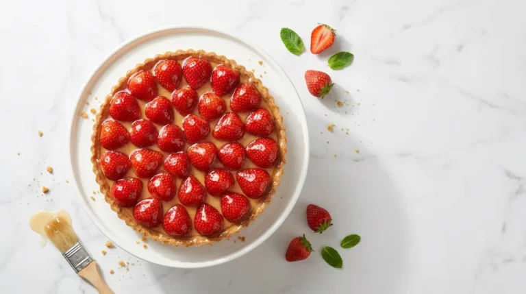 Erdbeertorte mit klarem Tortenguss ohne Gelatine auf weißem Kuchenständer