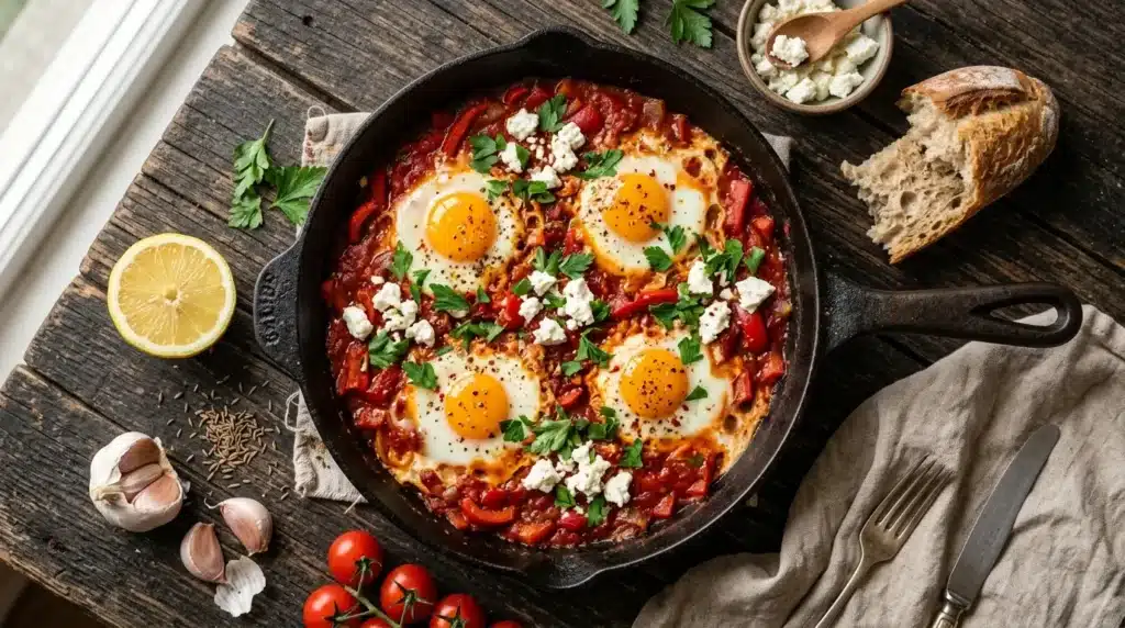 Klassisches Shakshuka Original-Rezept mit vier pochierten Eiern in würziger dunkelroter Tomatensauce, garniert mit frischer Petersilie in einer Gusseisenpfanne