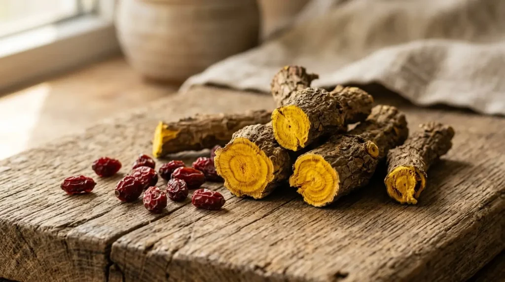 Bergwurzel Berberitze-Wurzel mit gelbem Querschnitt und charakteristischem Berberin-Farbton auf rustikalem Holzuntergrund