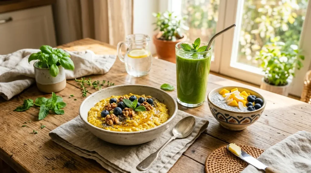 Gesundes entzündungshemmendes Frühstück: goldener Kurkuma-Haferbrei mit Blaubeeren und Walnüssen neben einem grünen Detox-Smoothie auf einem Holztisch