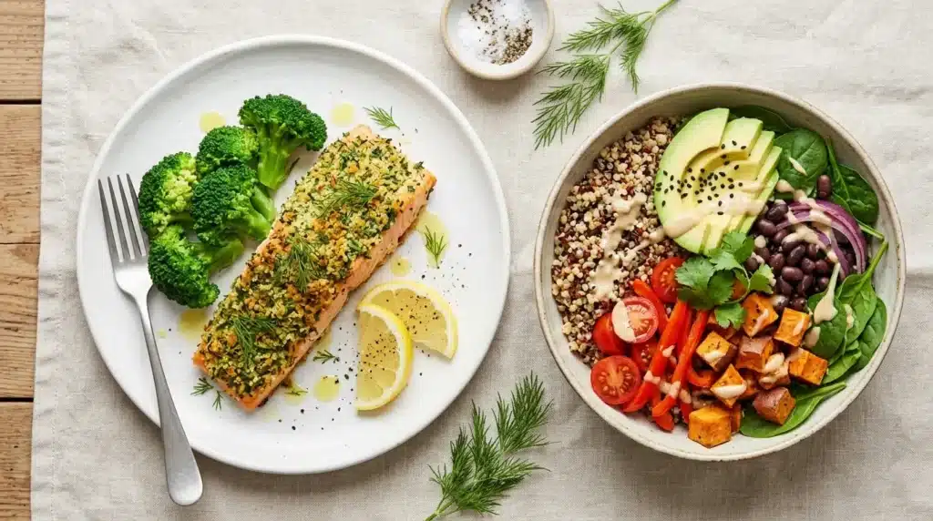 Zwei entzündungshemmende Hauptgerichte in der Draufsicht: gebratenes Wildlachsfilet mit Kräuterkruste und Brokkoli sowie eine bunte Quinoa-Gemüse-Bowl mit Tahini-Dressing