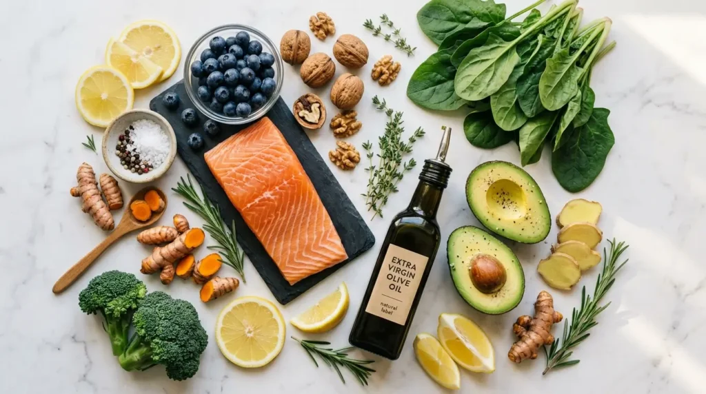 Flat-Lay von entzündungshemmenden Lebensmitteln: Ingwer, Kurkuma, Blaubeeren, Lachs, Spinat und Olivenöl auf weißem Marmorhintergrund