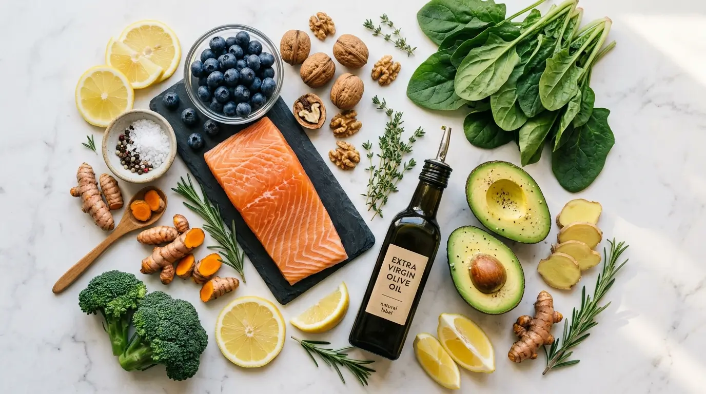 Flat-Lay von entzündungshemmenden Lebensmitteln: Ingwer, Kurkuma, Blaubeeren, Lachs, Spinat und Olivenöl auf weißem Marmorhintergrund
