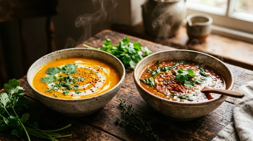 Zwei dampfende Schalen entzündungshemmender Suppen: eine orangefarbene Karotten-Ingwer-Suppe mit Kokosmilch-Swirl und eine rote Linsensuppe mit Spinat