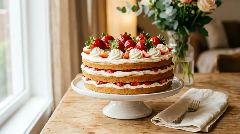 Ganze Erdbeer-Sahne-Torte ohne Gelatine auf weißem Kuchenständer mit frischen Erdbeeren und Sahnetupfen
