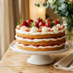 Ganze Erdbeer-Sahne-Torte ohne Gelatine auf weißem Kuchenständer mit frischen Erdbeeren und Sahnetupfen