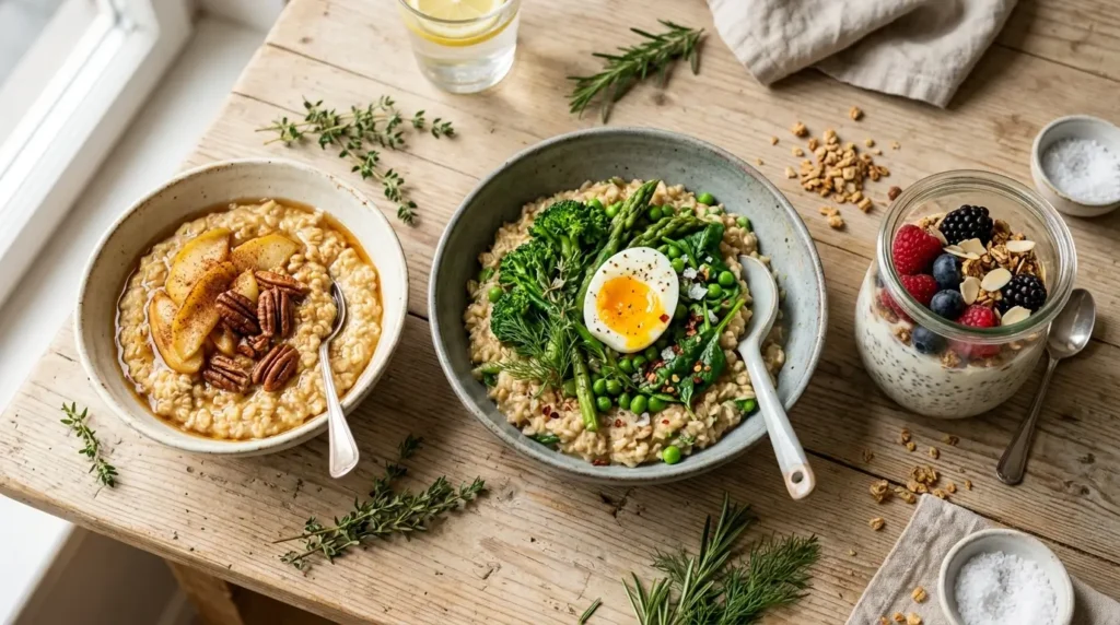 Cremiger Hafer-Zimt-Apfel-Porridge in weißer Schüssel mit Apfelscheiben und Zimtpuder