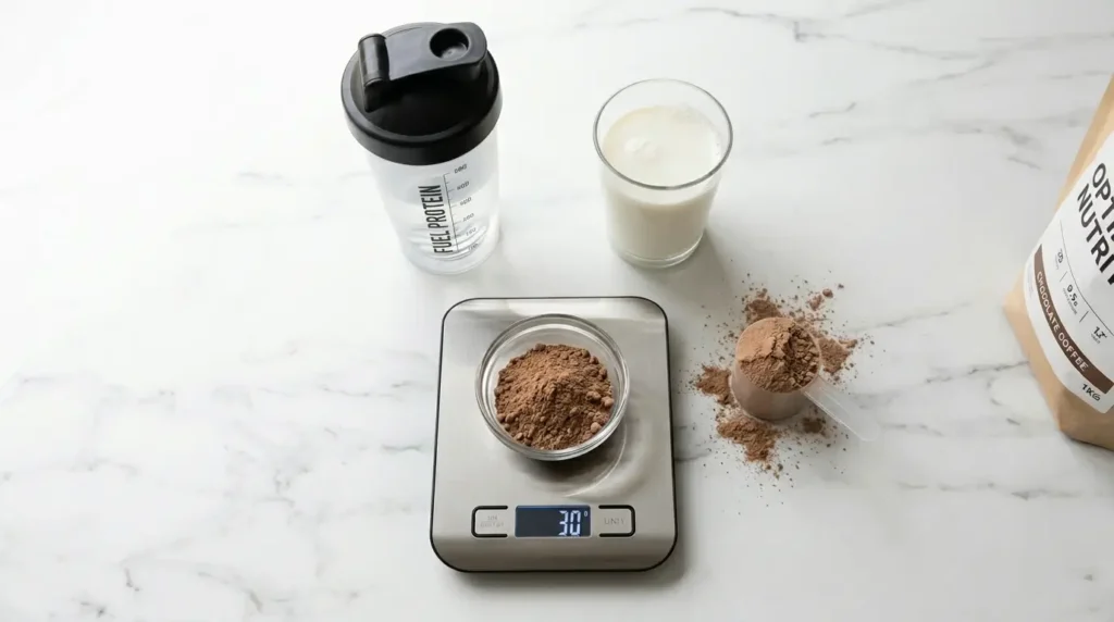 Proteinshaker, Messlöffel mit 30g Flexpresso-Pulver und 250ml Milch auf weißer Marmorfläche
