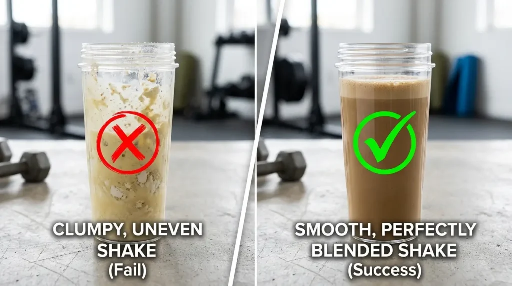 Vergleich: Links ein klumpiger falsch zubereiteter Proteinshake mit rotem X, rechts ein cremiger perfekter Flexpresso mit grünem Haken
