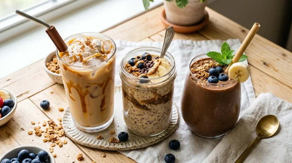 Drei kreative Flexpresso Rezeptvariationen: Eiskaffee im Glas, Overnight Oats im Einmachglas und cremiger Kaffee-Smoothie auf hellem Holztisch